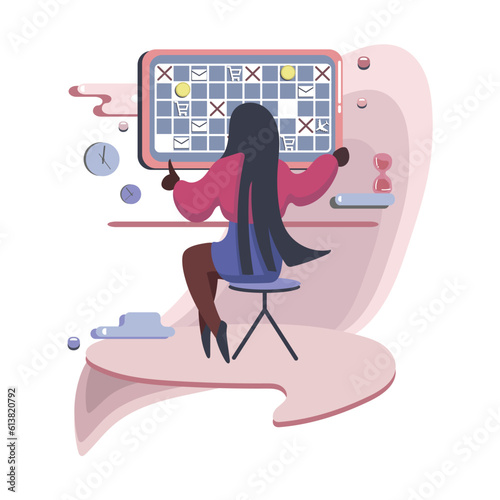 Back view of girl fixing great schedule, finding balance in time. Work activity and efficiency, performance expectation 2d vector graphic. Flat style illustration on white background