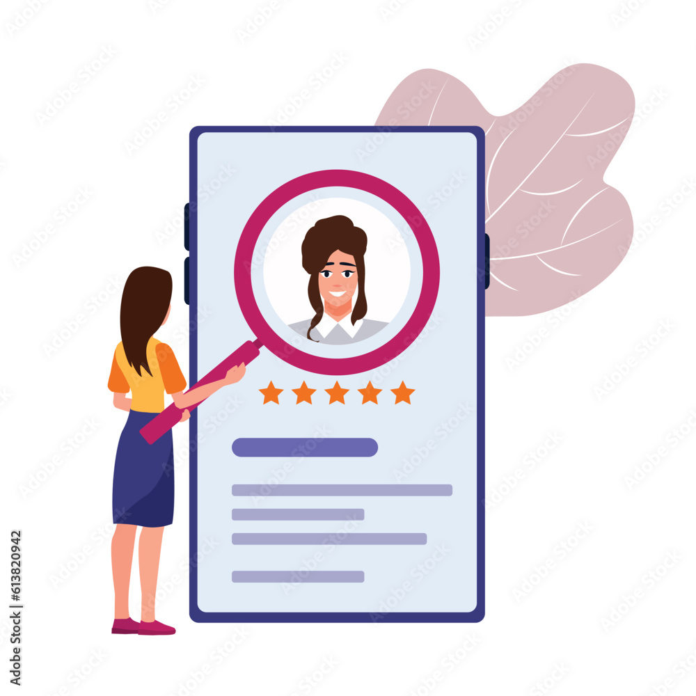 Back view of female character working in recruitment agency. Professional headhunting business representatives. HR department hiring candidates for job. Vector