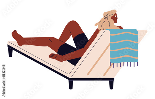 Happy man lying on chaise lounge and chilling. Guy relaxing, sunbathing on deck chair on summer holidays, vacation. Boy resting on beach sunbed. Flat vector illustration isolated on white background