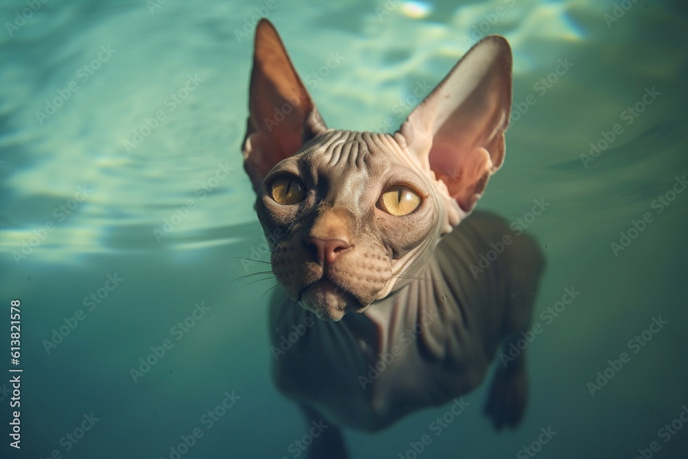 Portrait of a Sphynx cat swims in the water. Generative AI