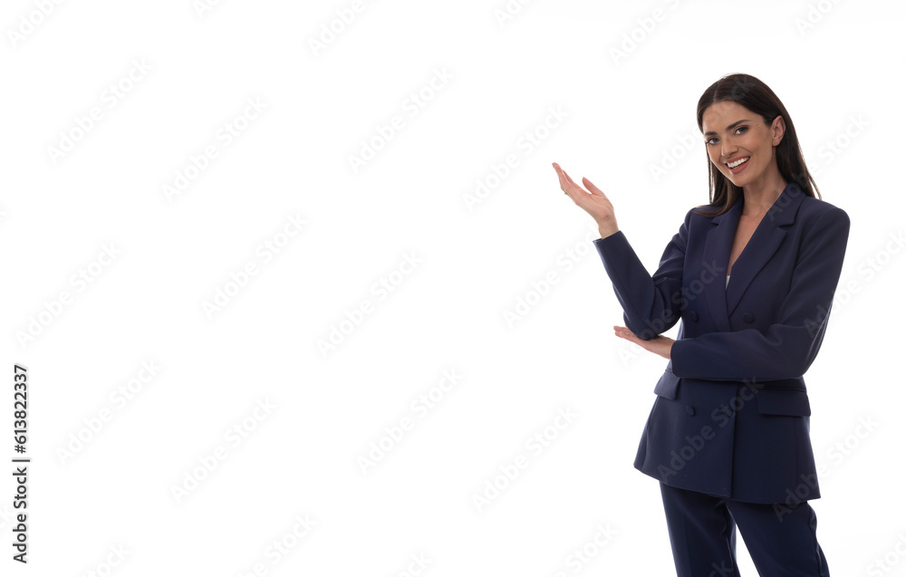 Beautiful woman in an elegant suit on a white background in a photo studio. Beautiful woman in an elegant suit on a white background in a photo studio.