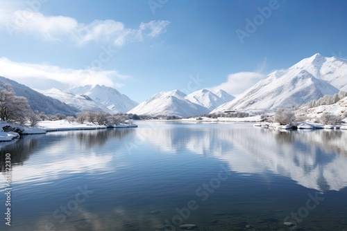 Beautiful winter lake with mountain in the background