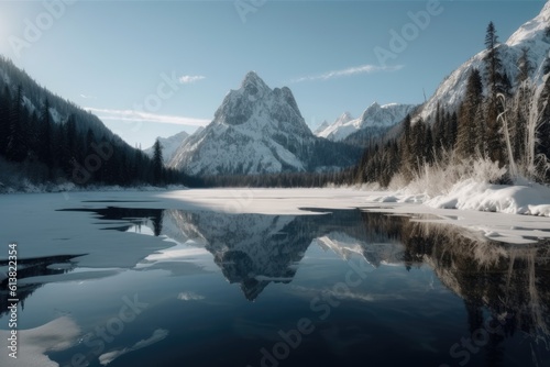 Beautiful winter lake with mountain in the background © GenieStock