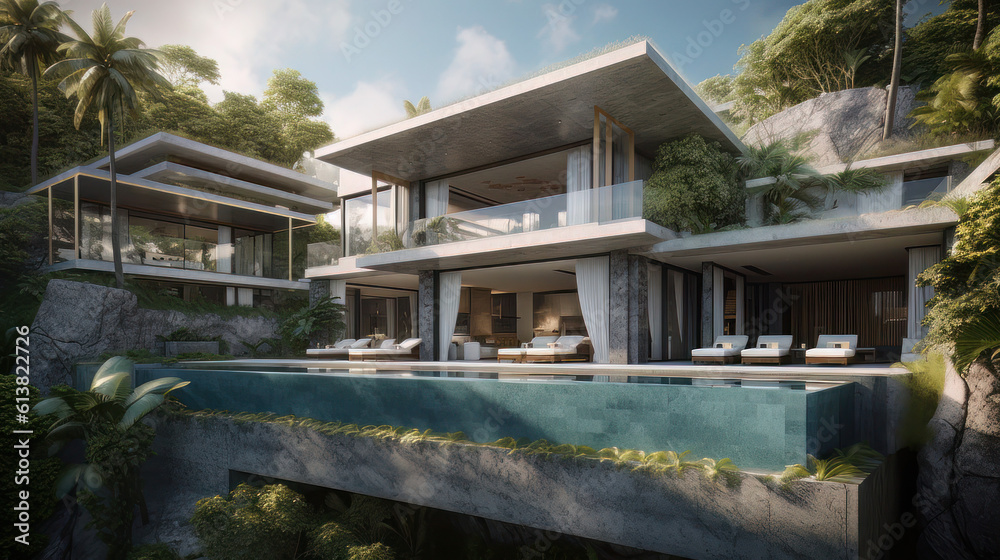 Capture the essence of luxury and futuristic elegance with a stunning photo of a pool villa perched on the picturesque south cliffs of Bali, exclusively designed for the iconic Kim Kardashian
