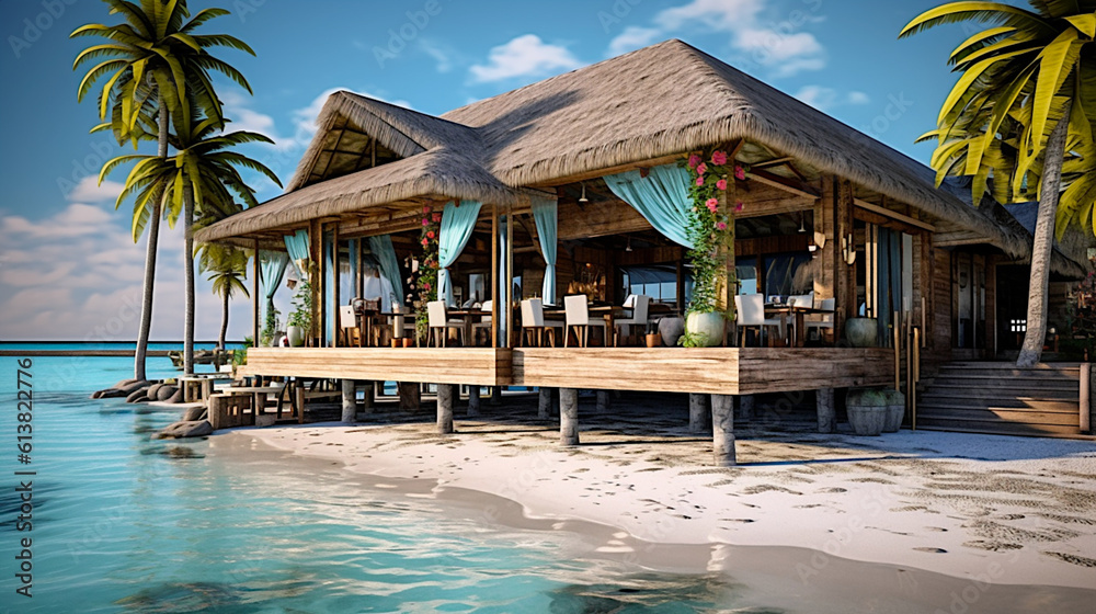 Restaurant on a paradise, exotic, sandy beach. Seychelles, Maldives, Hawaii. Ai illustration, fantasy digital painting, Generative AI