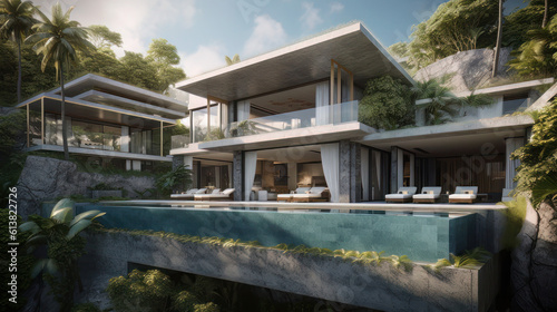 Capture the essence of luxury and futuristic elegance with a stunning photo of a pool villa perched on the picturesque south cliffs of Bali, exclusively designed for the iconic Kim Kardashian photo
