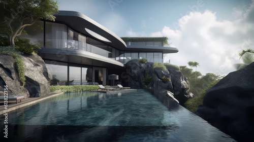 Capture the essence of luxury and futuristic elegance with a stunning photo of a pool villa perched on the picturesque south cliffs of Bali, exclusively designed for the iconic Kim Kardashian photo