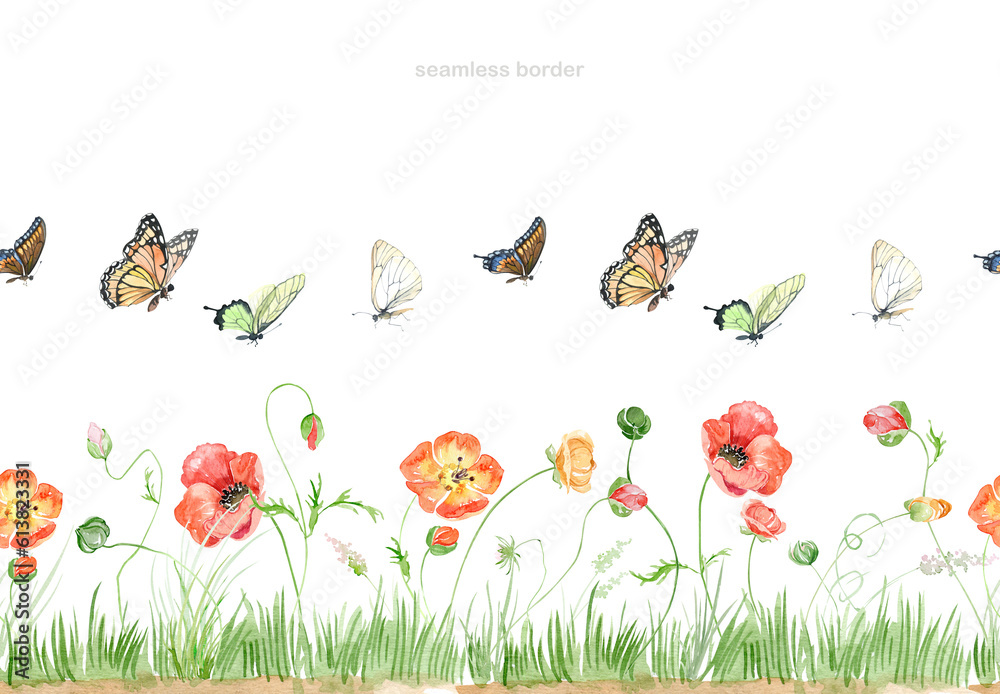 Wildflower border, watercolor illustration. seamless border with wildflowers and butterflies. Filed flowers header. border with green grass and wildflowers.horizontal border for card, border, banner