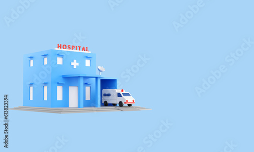 hospital and ambulance connected by satellite for modern hospital illustration with copy space. 3D rendering