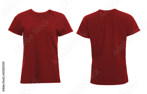 Front and back views of red women's t-shirt on white background. Mockup for design