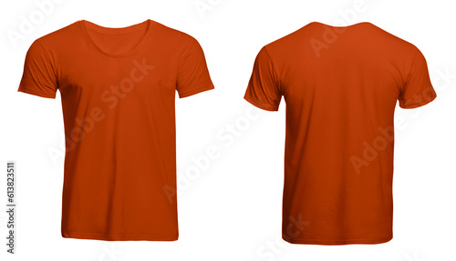 Front and back views of orange men's t-shirt on white background. Mockup for design