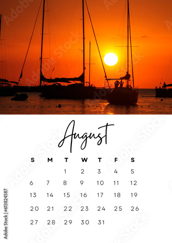 2023 calendar of august month with a sunset in summer photo. Author's calendar for 2023 by month