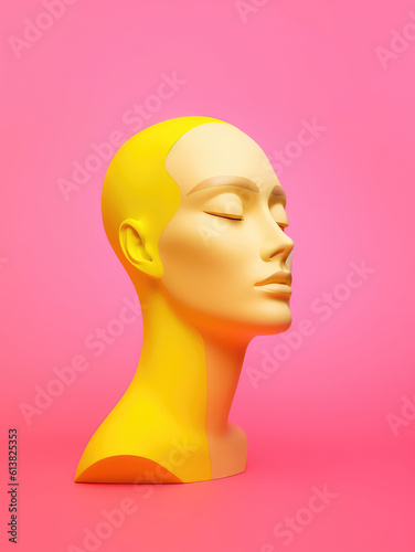 Minimalist female mannequin head on a bright yellow and pink background