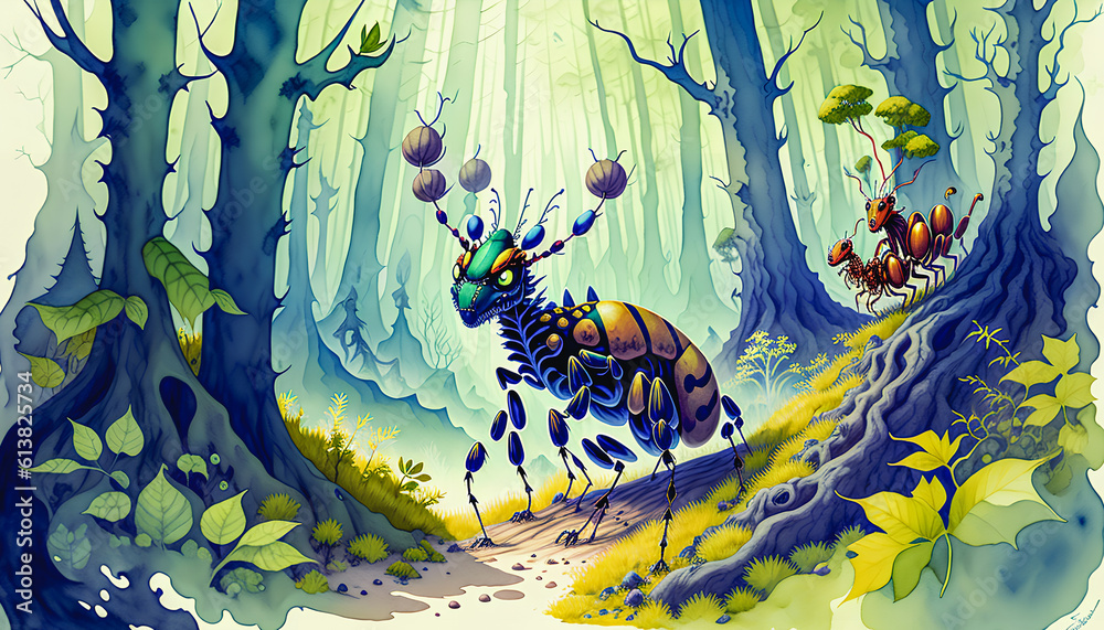 The Grand Surreal Colorful Ant Haunts in the Magical Forest, Generative AI.