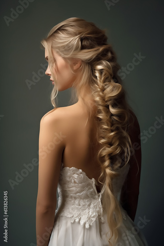 Beautiful hairstyle of Newlywed bride in white wedding dress holding a beautiful bouquet