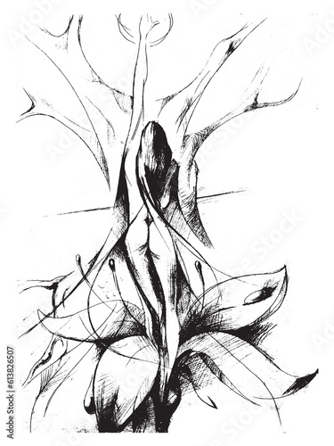 Line drawing of an abstract woman. Female naked body. Silhouette of a girl figure
