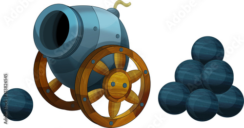 cartoon scene with pirate man fighting and old style cannon on whtie background - illustration for children