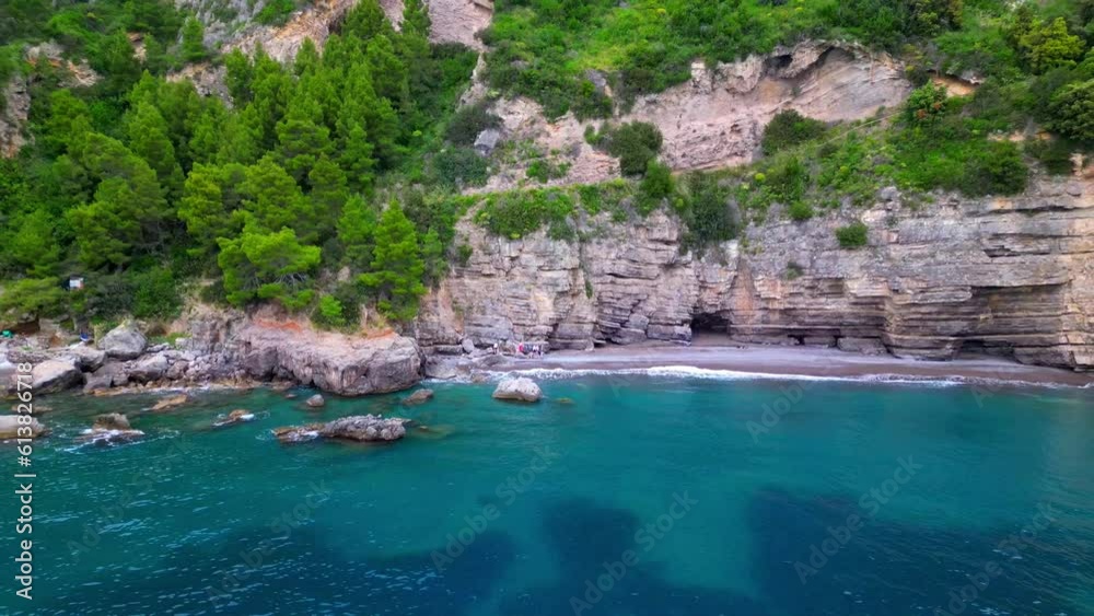 Aerial View Of Amalfi Coast And Rocky Mountain Cliffs During Summer In Italy. - pullback Aerial View Of Amalfi Coast And Rocky Mountain Cliffs During Summer In Italy. - pullback