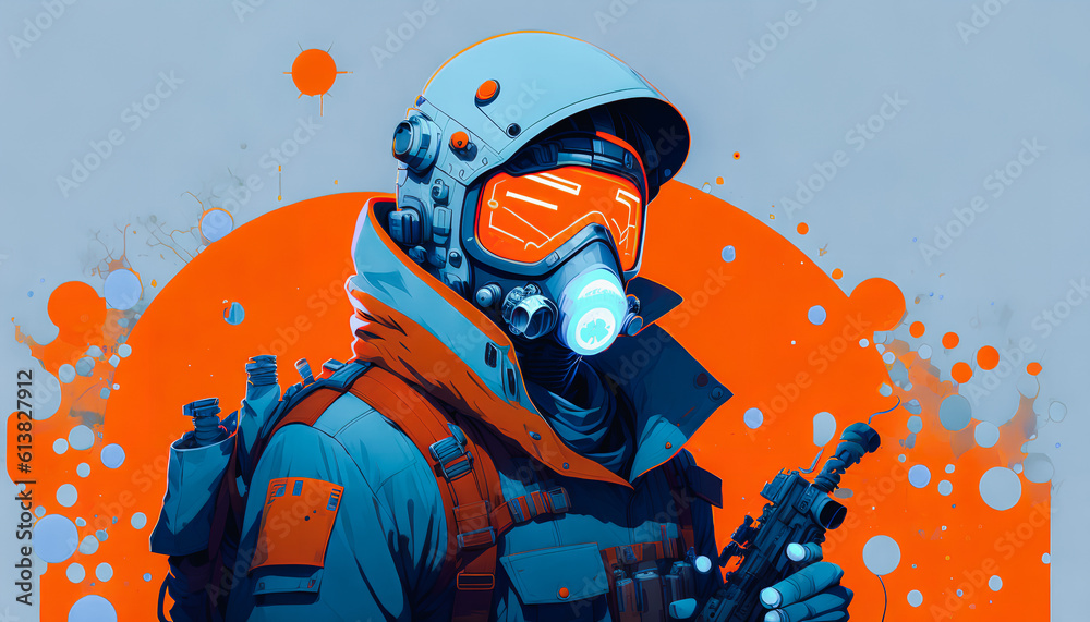 Obraz premium A Man in a Gas Mask with a Gun in Hand, Backlit by a Blue and Orange Glow, Generative AI