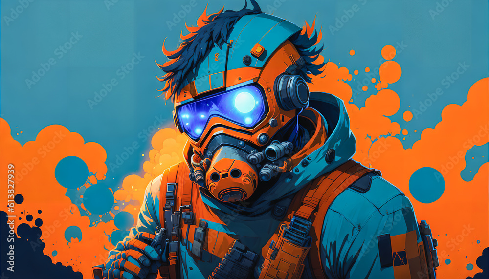 A Man in a Gas Mask with a Gun in Hand, Backlit by a Blue and Orange Glow, Generative AI A Man in a Gas Mask with a Gun in Hand, Backlit by a Blue and Orange Glow, Generative AI