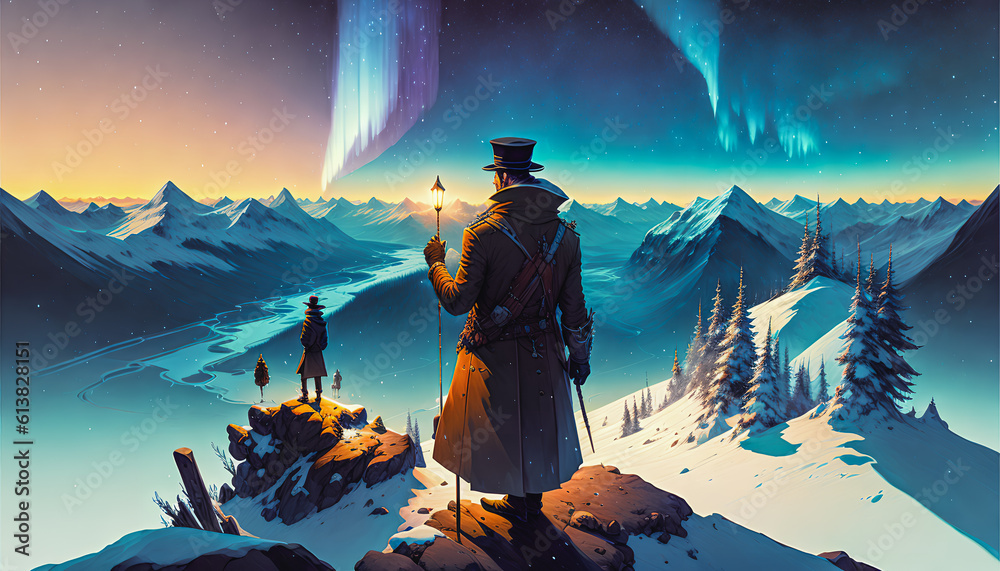 Fototapeta premium The Old Man Gazes at the Sky, Shimmering with the Northern Lights, Generative AI.