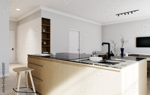 Fototapeta Naklejka Na Ścianę i Meble -  The interior of a light minimalist kitchen-studio with a wooden island. Kitchen with bar stool and black marble top with large window and appliances. Black faucet and stove on the island. 3D rendering
