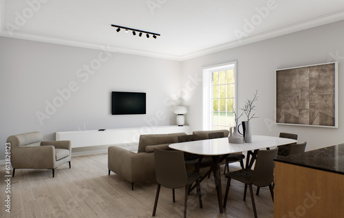 The interior of a light minimalist kitchen-studio. Interior with dining area and seating area with sofa and TV. 3D rendering