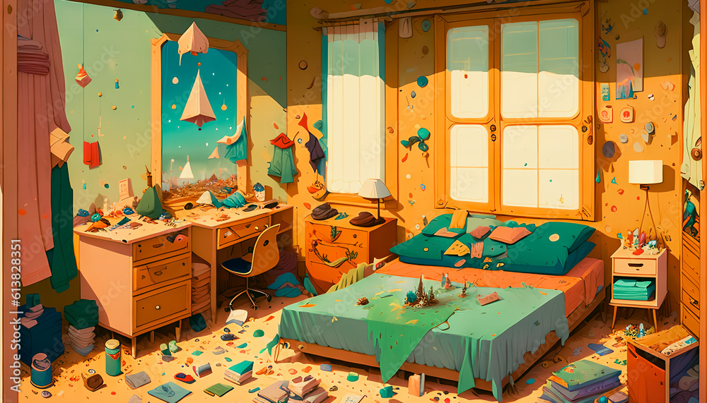 Messy Untidy Bedroom with Clothes Strewn Across the Bed and Chaotic Disarray, Generative AI Messy Untidy Bedroom with Clothes Strewn Across the Bed and Chaotic Disarray, Generative AI