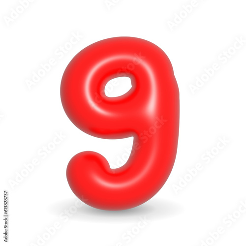 Glossy, glistening and lustrous red balloon digit nine. 3d realistic design element isolated on white background. For Happy Birthday, Sales, Events.
