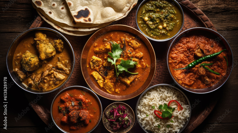 Generative ai illustration of Overhead photo Closeup of traditional Indian dishes