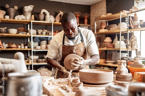 Passionate Small Business Owner Creating Elegant Pottery in Modern Studio. Generative AI.
