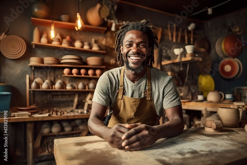 Passionate Small Business Owner Creating Elegant Pottery in Modern Studio. Generative AI. © Dangubic