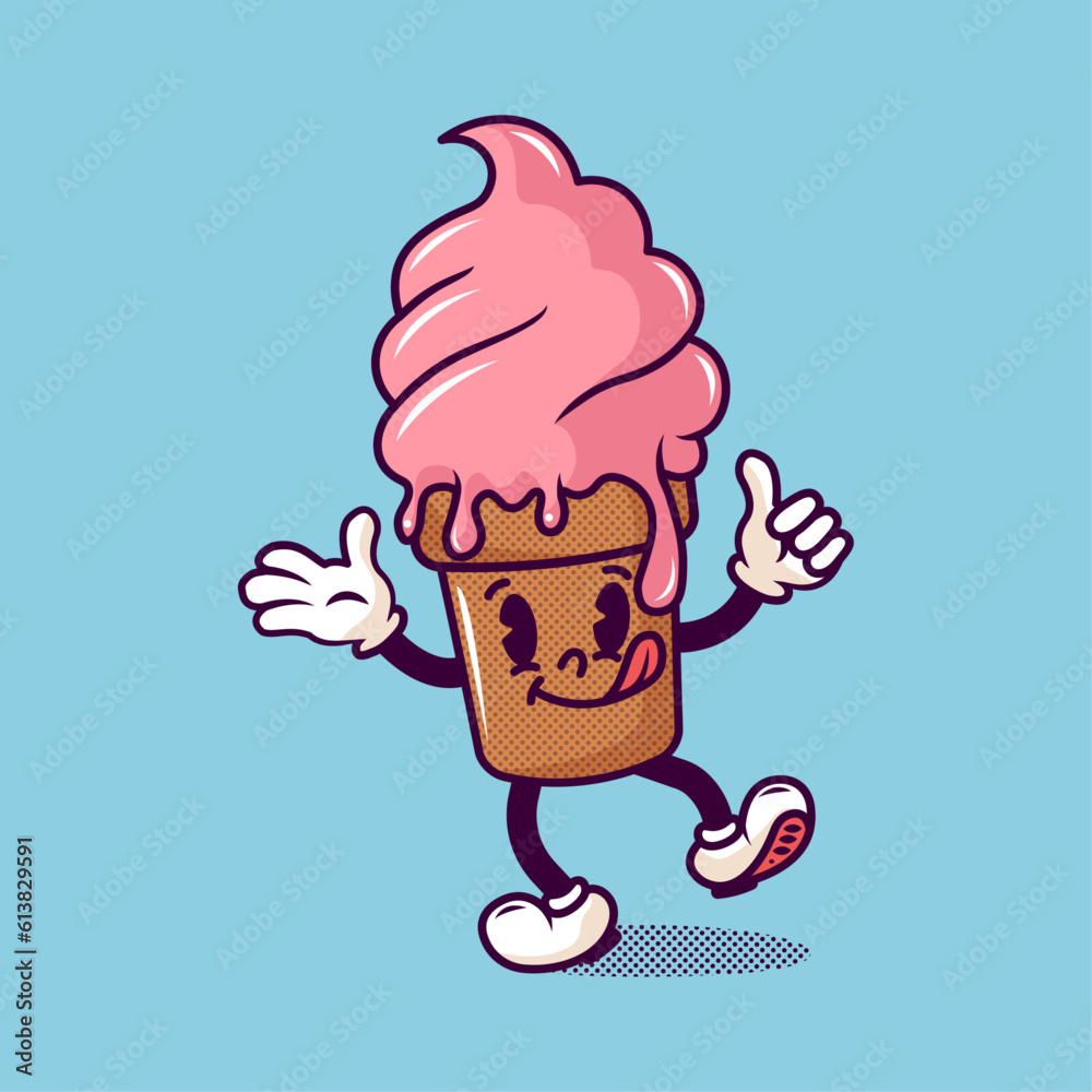Retro cartoon ice cream character. Groovy style vector illustration
