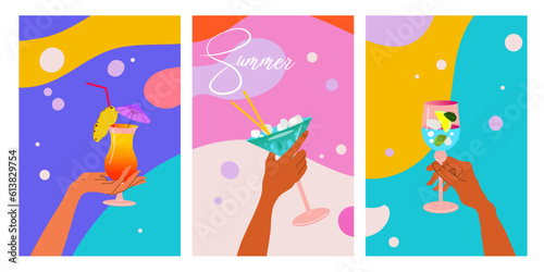 Poster set. Modern flat summer beach evening party flyer design template. Hands holding cocktail glasses on summer abstract background. Holiday poster concept and web banner. Vector illustration.