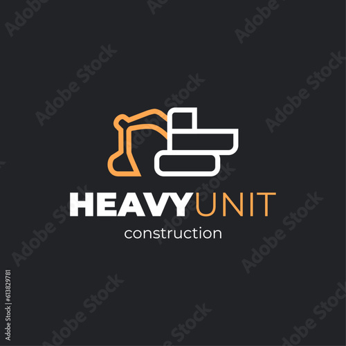 Construction company logo, black background. Excavator, vector illustration