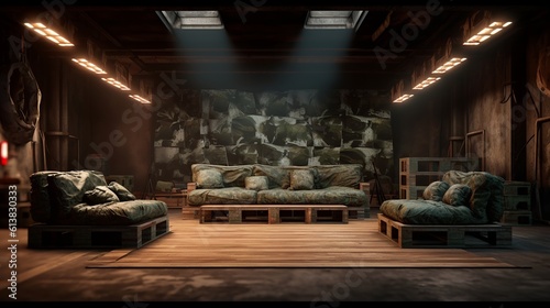 A beautiful gamer bunker background to promote products and services. War Games concept. Camouflage Style. Create with generative ai.