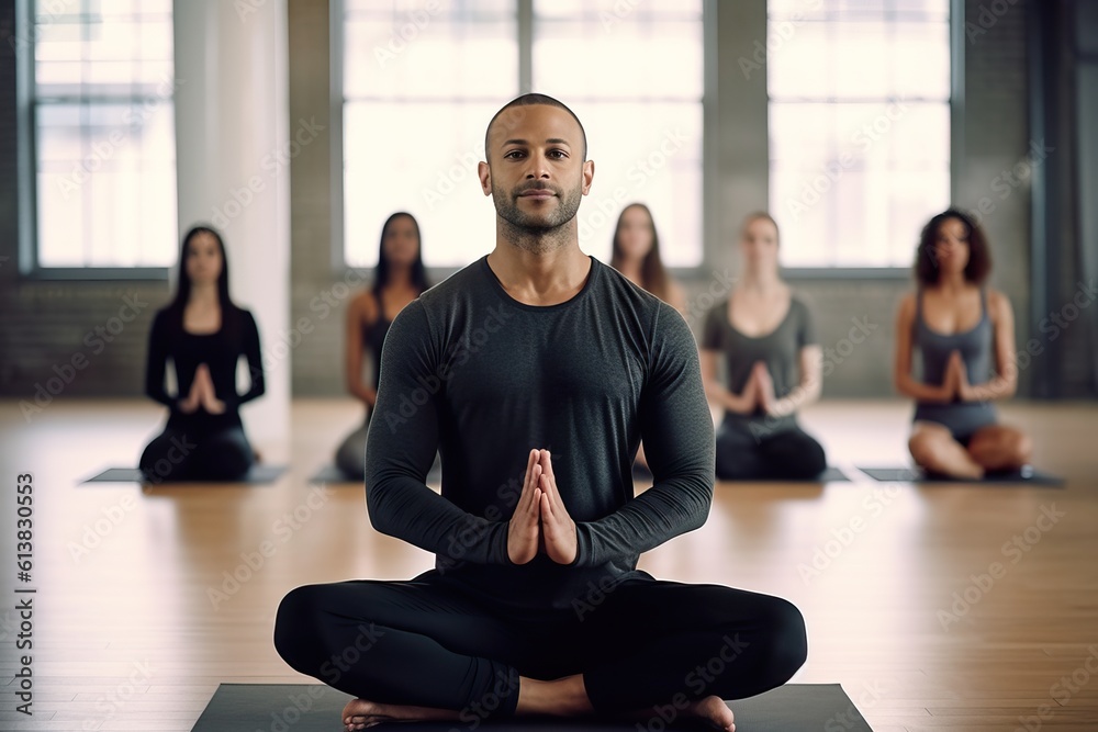 Optimistic Small Business Male Owner Leading Serene Meditation in Modern Yoga Studio. Generative AI.