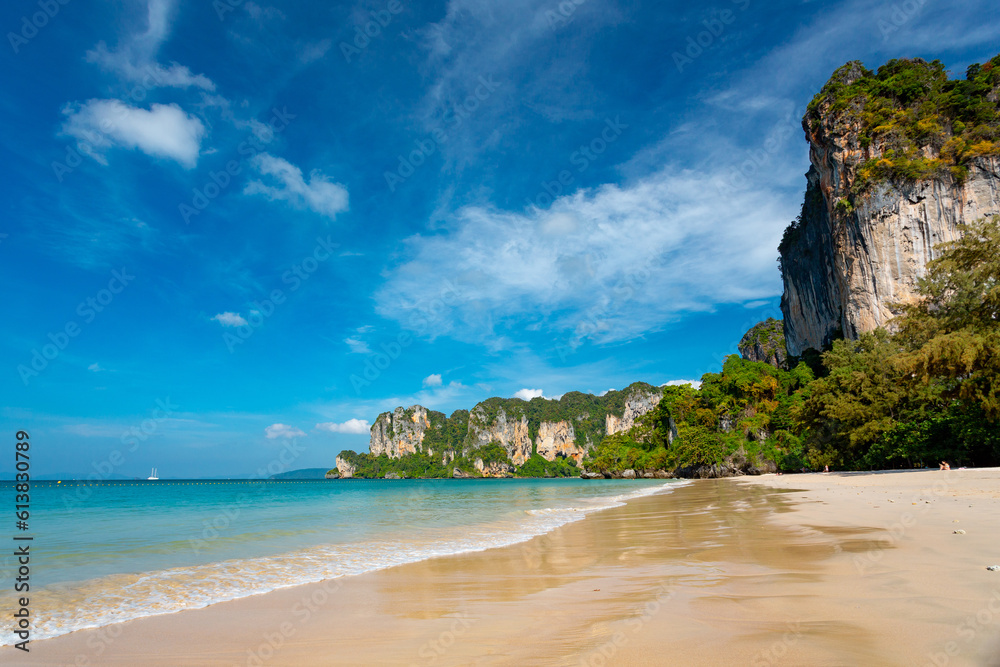 Krabi, Thailand. Railay beach and long tail boats.	