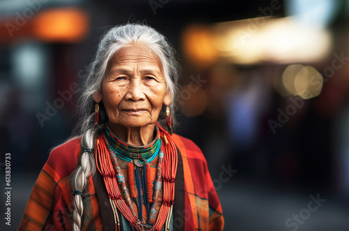 portrait of an mature indigenous woman, long grey hair, wrinkles, looking into camera, one person in her 70s, outdoor setting, on the street, copy space