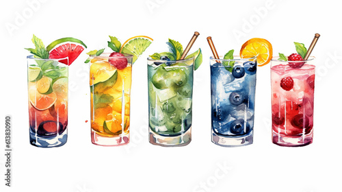 Watercolor painting of fresh fruits Summer cocktails isolated on a white background created with Generative AI technology