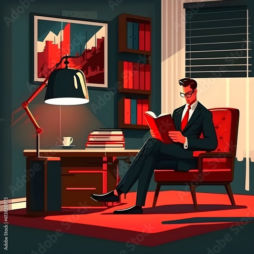 A businessman reading red book while sitting on sofa in his studio office. Business, businessman, book, philanthropist, sofa. Created with Generative AI Technology. 