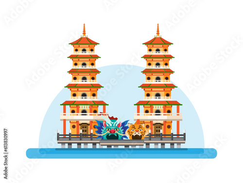 Dragon and Tiger Pagodas in Lotus Lake, Kaohsiung, Taiwan. Famous Temple Landmark Building Flat Cartoon illustration Vector