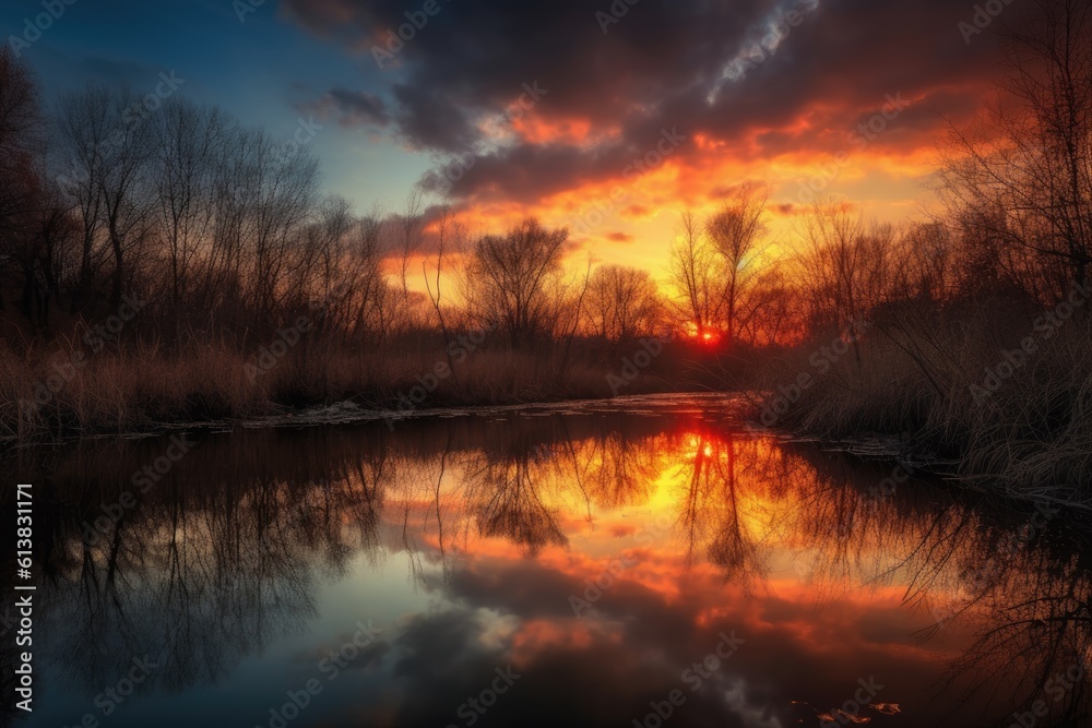pond reflecting a vibrant sunset