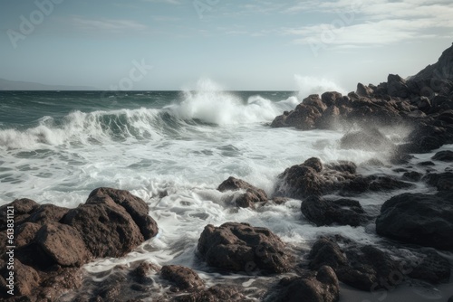 Rocky seashore with crashing waves