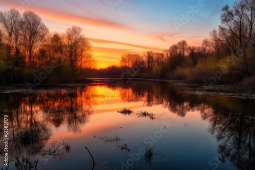 pond reflecting a vibrant sunset © GenieStock