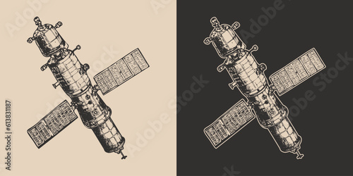 Set of vintage space galaxy adventure spy explore satellite. future adventure science. Graphic Art. Vector