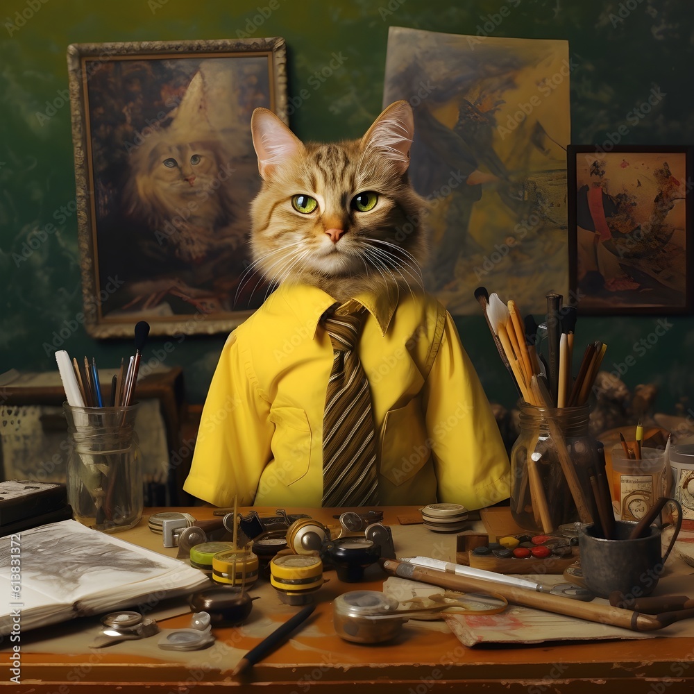 A studio portrait of a cat as an artist wearing yellow shirt and tie