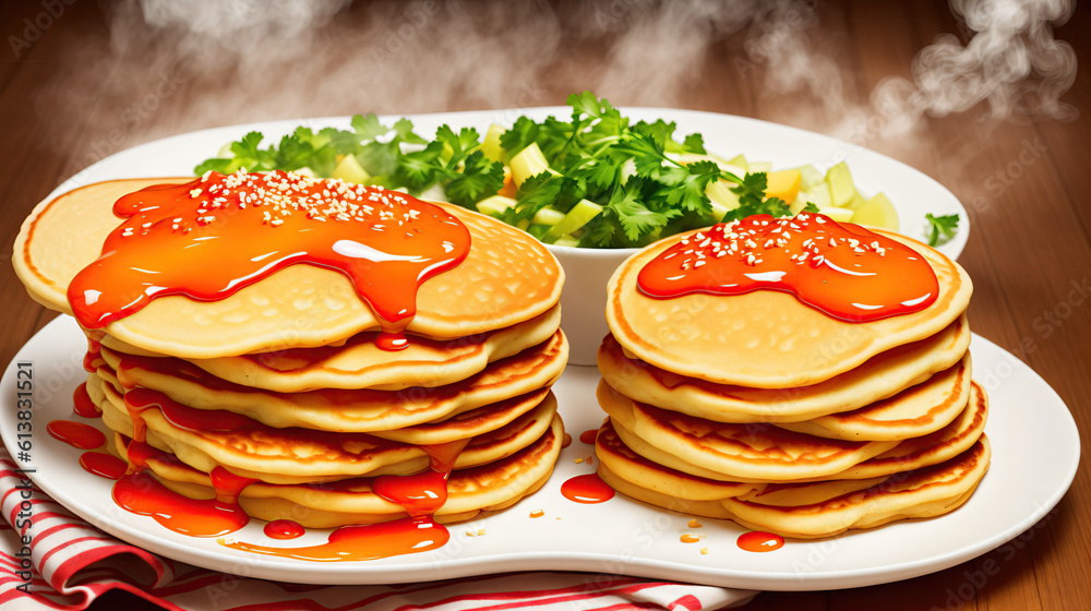 Delicious pancakes stuffed with eggs and meat, Juicy pancakes with meat stuffing, Hearty pancakes with eggs and meat, Generative AI