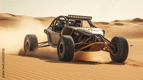 Off-road vehicle in the sand dunes of the Sahara desert. 3d rendering of a monster truck in the desert with sand dunes. A man on a sport buggy in the desert. 3d rendering. AI generated