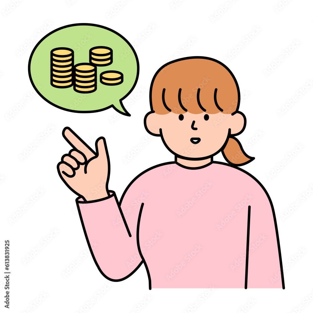 Woman Pointing and Discussing Savings. Simple Style Vector illustration. Woman Pointing and Discussing Savings. Simple Style Vector illustration.